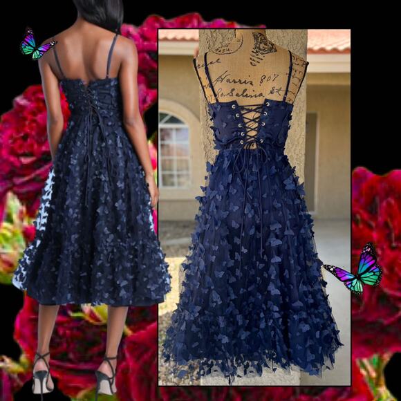 Lulus Time to Fly Navy Blue 3D Butterfly Lace-Up Midi Dress Size Small - Picture 3 of 14
